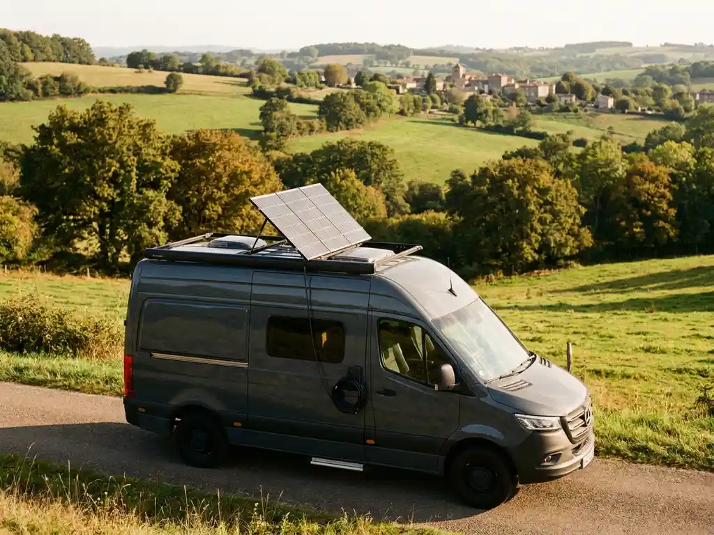 Campervan op open weg met opvouwbaar zonnepaneel op dak, groene Europese platteland op de achtergrond, warm natuurlijk licht.