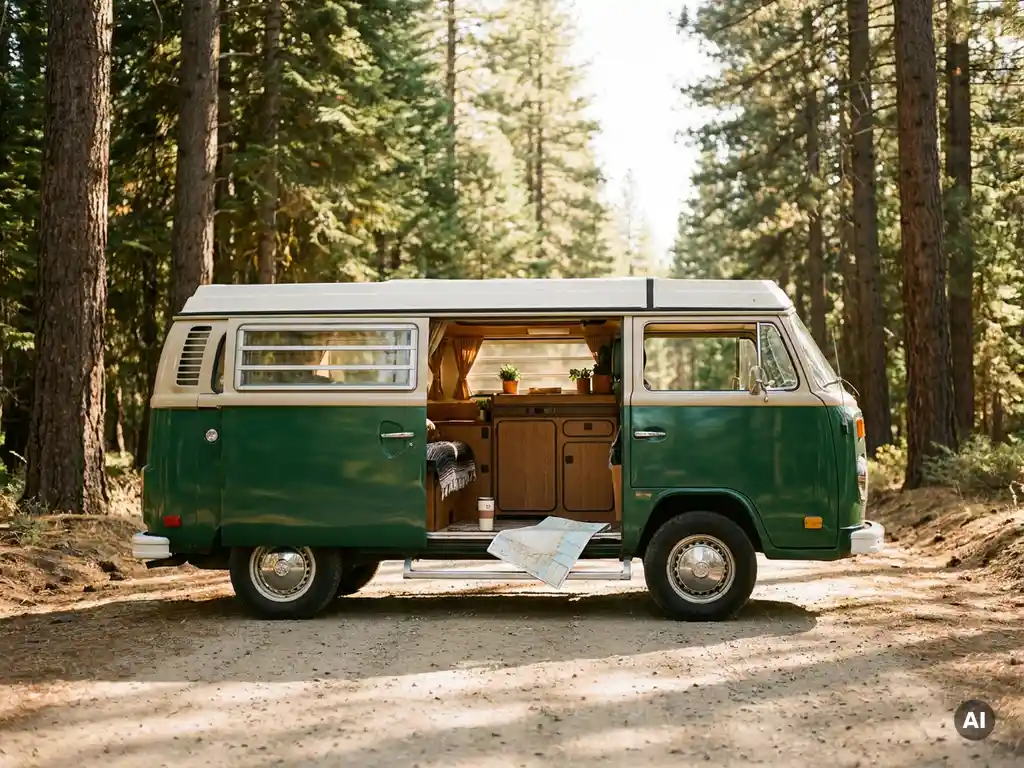 Compacte buscamper op zonnige bosweg met open deur, houten interieur, reisbeker en gevouwen kaart op de tree.