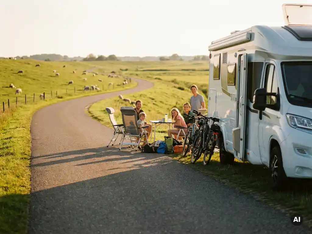 Witte camper geparkeerd op een zonnige weg door groen Nederlands landschap, met kampeeruitrusting en stoelen ernaast in gouden avondlicht.