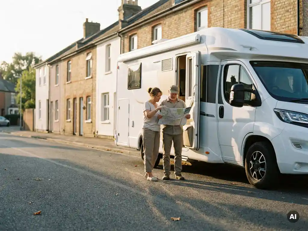 Stel naast witte camper op straat met rijtjeshuizen, kaart raadplegend, geen oprit zichtbaar, warm middaglicht.