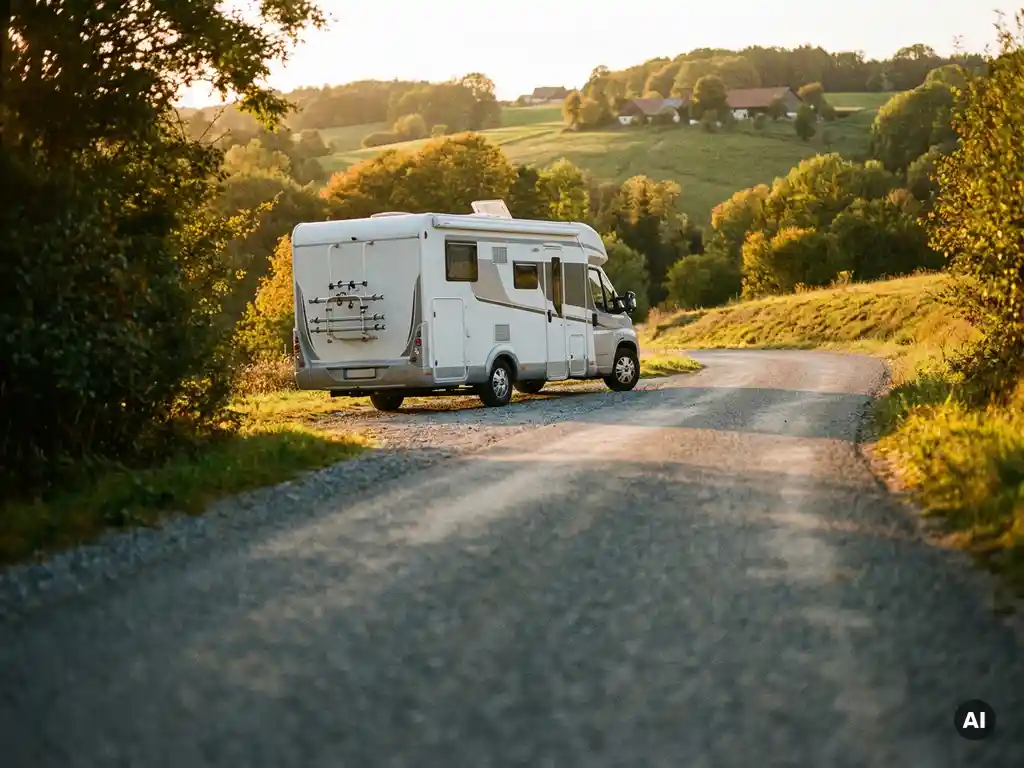 Semi-geïntegreerde camper op een zonnige kronkelweg door glooiende groene heuvels, warm middaglicht op witte carrosserie.