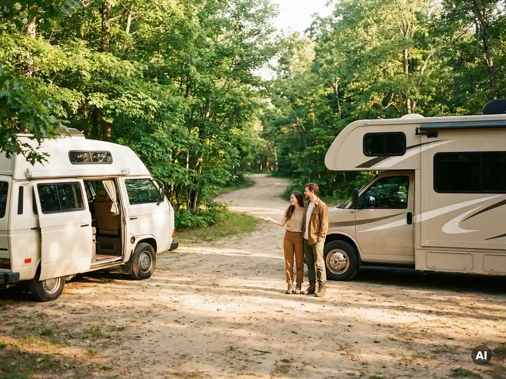 Stel vergelijkt compacte camperbus met grote motorhome op zonnig kampeerterrein, omgeven door groene bomen.