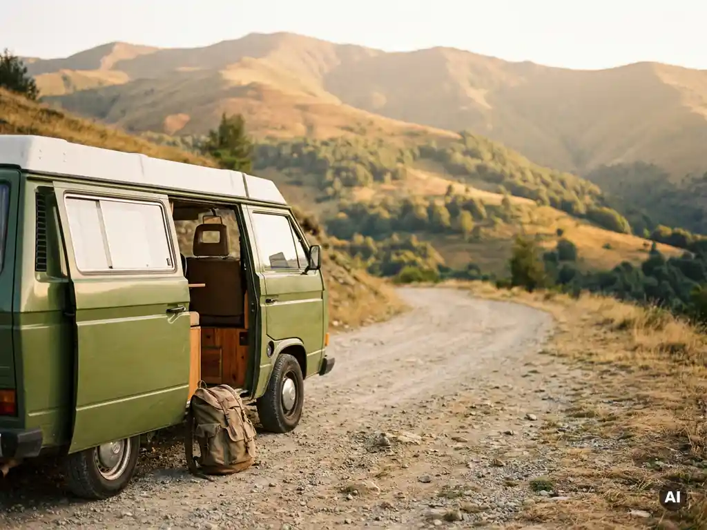 Compacte campervan op een schilderachtige bergweg met rugzak tegen de open deur, badend in gouden middaglicht.