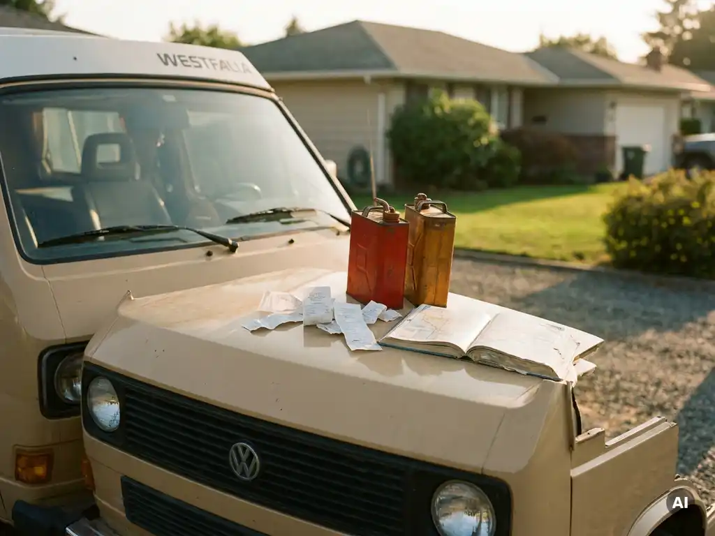 Versleten campervan op grindoprit bij woonhuis, met bonnetjes, jerrycans en wegenatlas op de motorkap in gouden avondlicht.