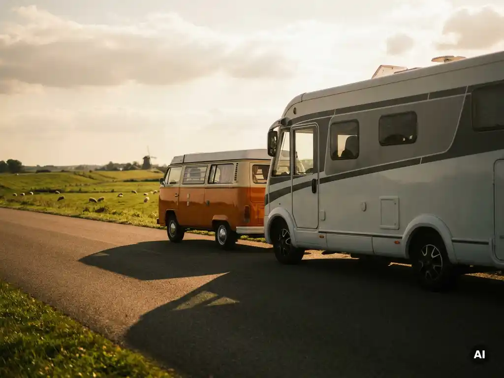 Compacte campervan naast een grote mobilhome op een Nederlandse landweg, omgeven door groene weiden in gouden avondlicht.