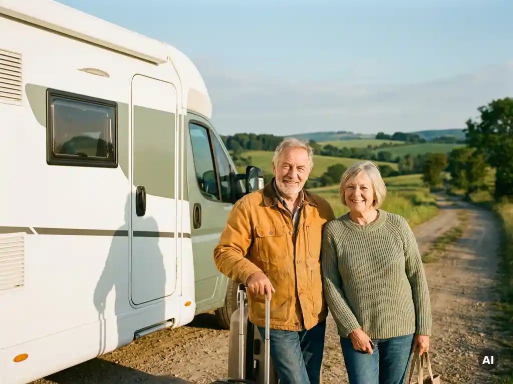 Ouder stel met bagage naast een moderne campervan op een zonnige landweg, groene heuvels en blauwe lucht op de achtergrond.
