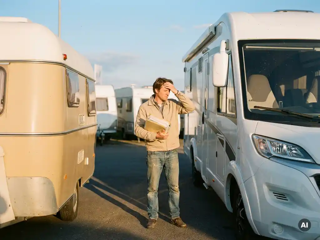 Eerste koper vergelijkt twee campervans op zonnig dealerterrein, overweldigd door stapel papierwerk in handen.