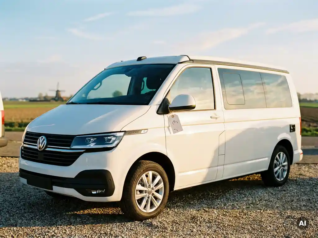 Gloednieuwe witte campervan op een zonnig dealerterrein met prijskaartje aan de spiegel en Nederlands landschap op de achtergrond.