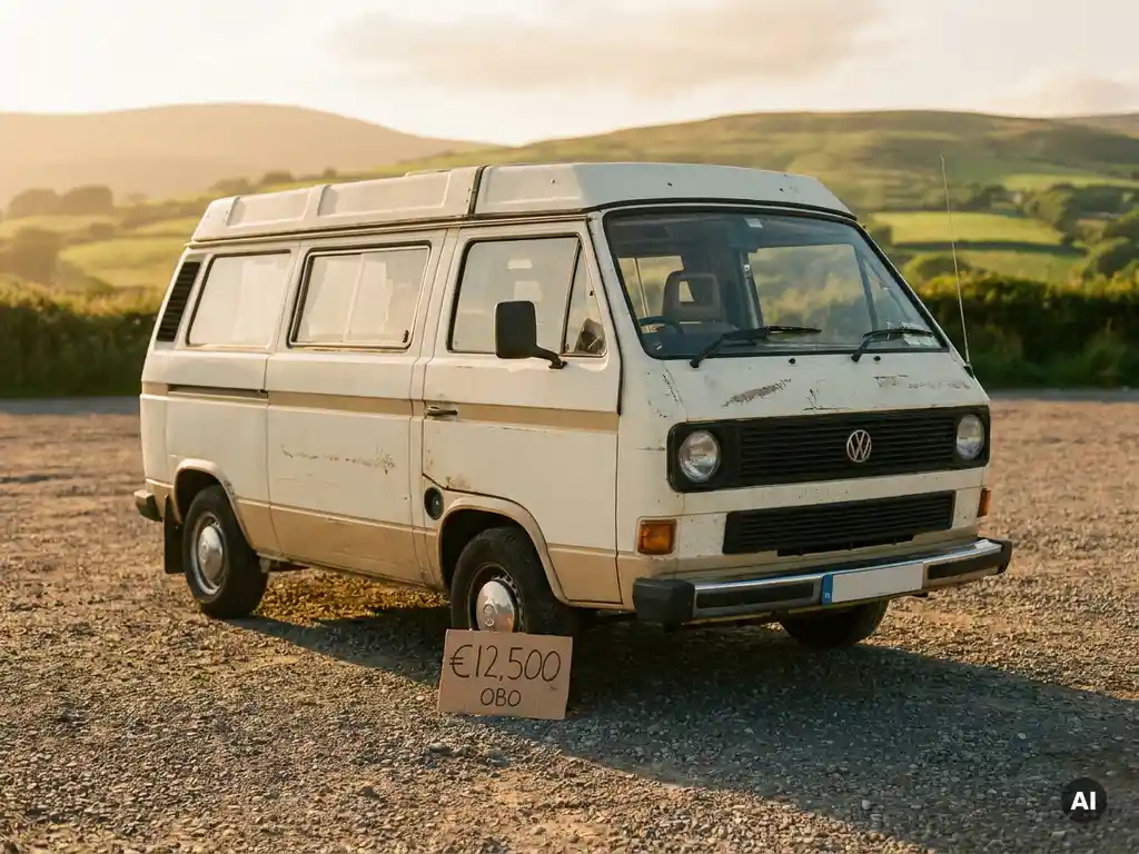 Tweedehands campervan op grindparkeerplaats met prijskaartje tegen het voorwiel, groene Limburgse heuvels op de achtergrond.